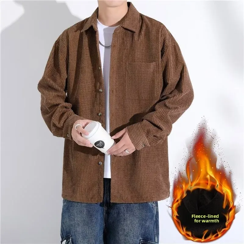 

Men's Corduroy Shirt Long Sleeve Fleece Lined Loose Fit Color Business Casual Iron Free Large Size Trendy Button up