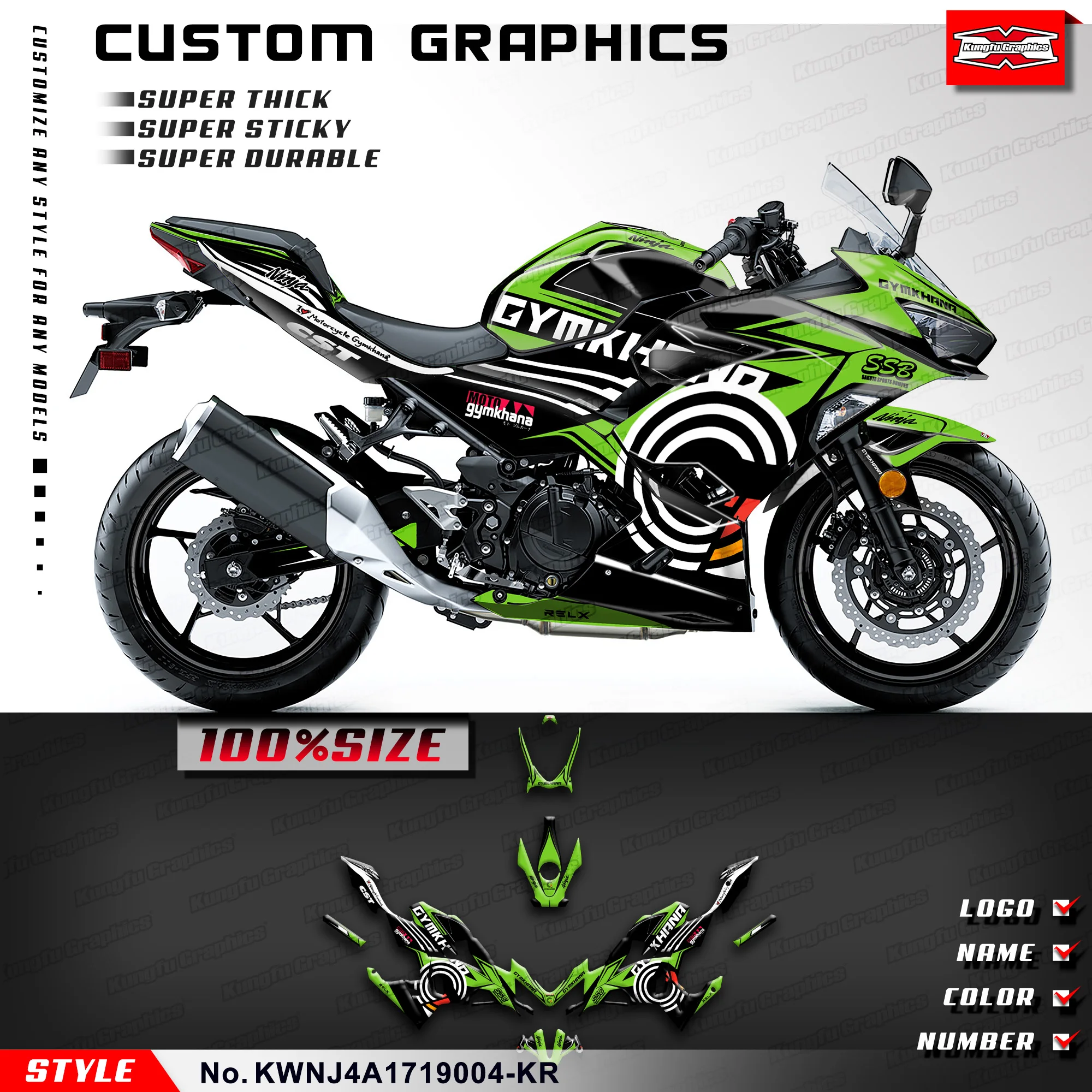 KUNGFU GRAPHICS Adhesive Sticker Vinyl Graphics for Kawasaki Ninja 250 400 ABS KRT 2018 2019-2023 2024 2025 26, KWNJ4A1719004-KR