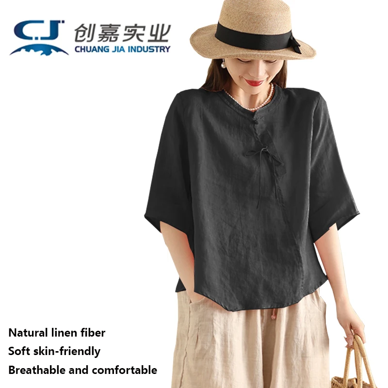 

Natural Pure Linen Women's Shirt, Original Design Light Blue Mid-sleeved Top, Elegant and Artistic High-end Women's Wear