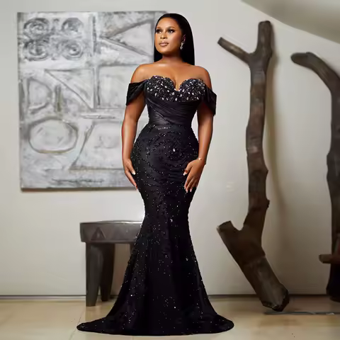 Black Aso Ebi Prom Dresses Formal Dress Glitter for African Women Luxury Crystals Beaded Evening Dress Off the Shoulder Mermaid