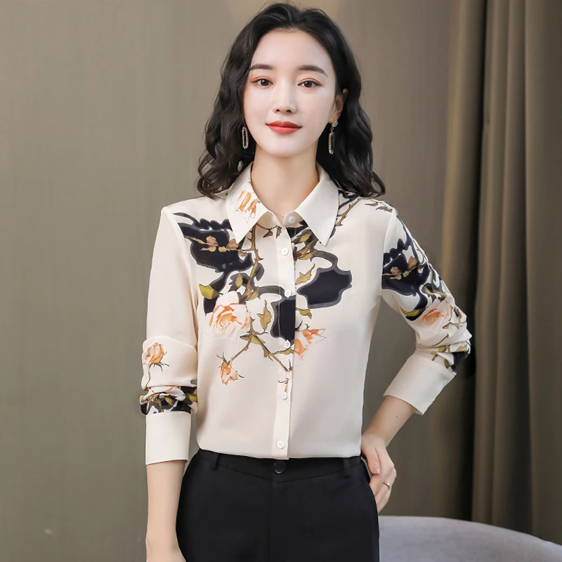 

Silk WomenLong Sleeve Spring New Shirt Turn-Down Collar Printed Mulberr
