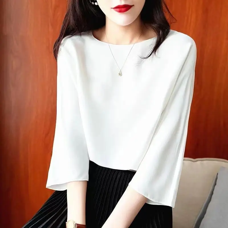 Elegant O-Neck Solid Color All-match Satin Blouse Women\'s Clothing 2023 Summer New Casual Pullovers Tops Loose Office Lady Shirt