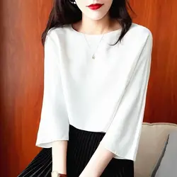 Elegant O-Neck Solid Color All-match Satin Blouse Women's Clothing 2023 Summer New Casual Pullovers Tops Loose Office Lady Shirt