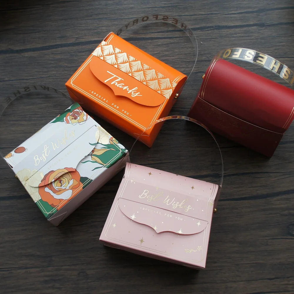 

12pcs Red Orange Pink Wedding Paper Box with Handle Candy Box Cookie Candy Little Gift Packaging Party Favors Decor