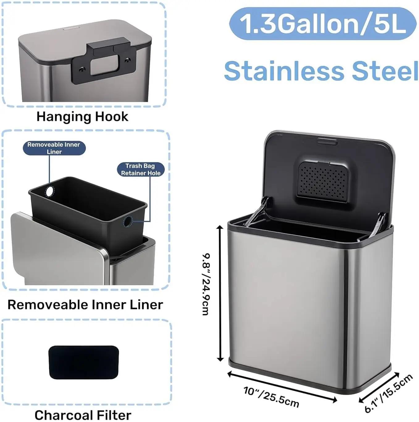 5L Space-Saving Quiet-Close Trash Can with Lid Stainless Steel  Eco-Friendly Sealed Bin For Kitchen & Office Hanging Trash Can