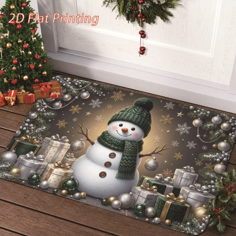 Green Knit Hat Snowman Doormat Gift Box Pine Cone Snowflake Print Entry Floor Mat Xmas Winter Front Door Home Decoration