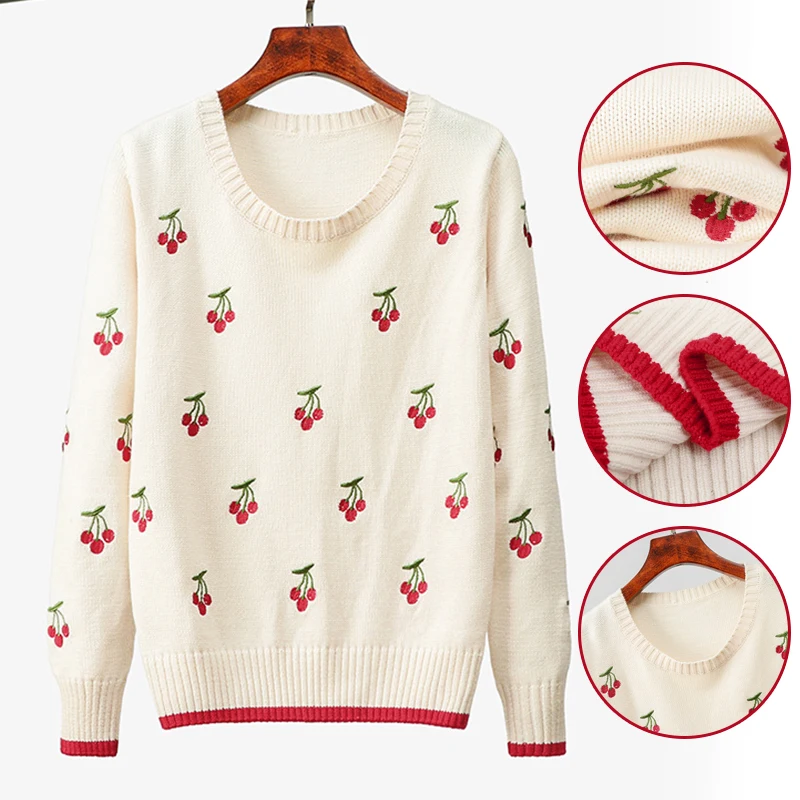 Pretty Cherry Sweater Pullovers Jumper Women O-Neck Sweater Autumn Winter Embroidery Cherry Knitted Pullover Loungewear