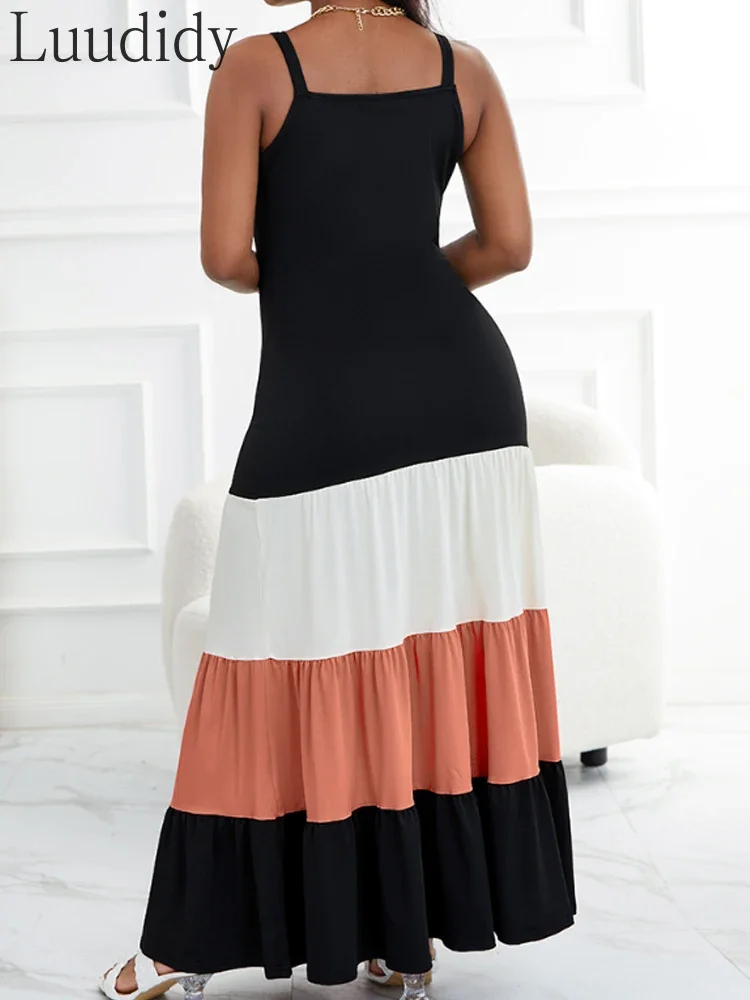 Women's Spaghetti Strap Colorblock Ruched Ruffle Hem Maxi Dress