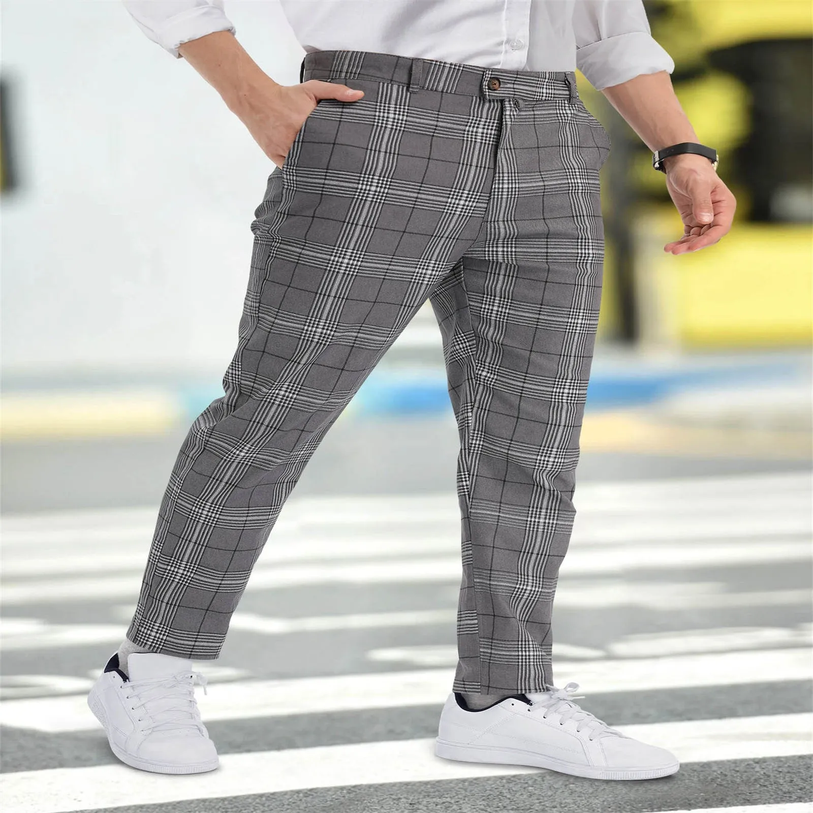 Mens Plaid Pants Spring Summer Fit Slim Straight Long Trousers With Pockets Business Office Work Sports Jogging Outwork Bottoms