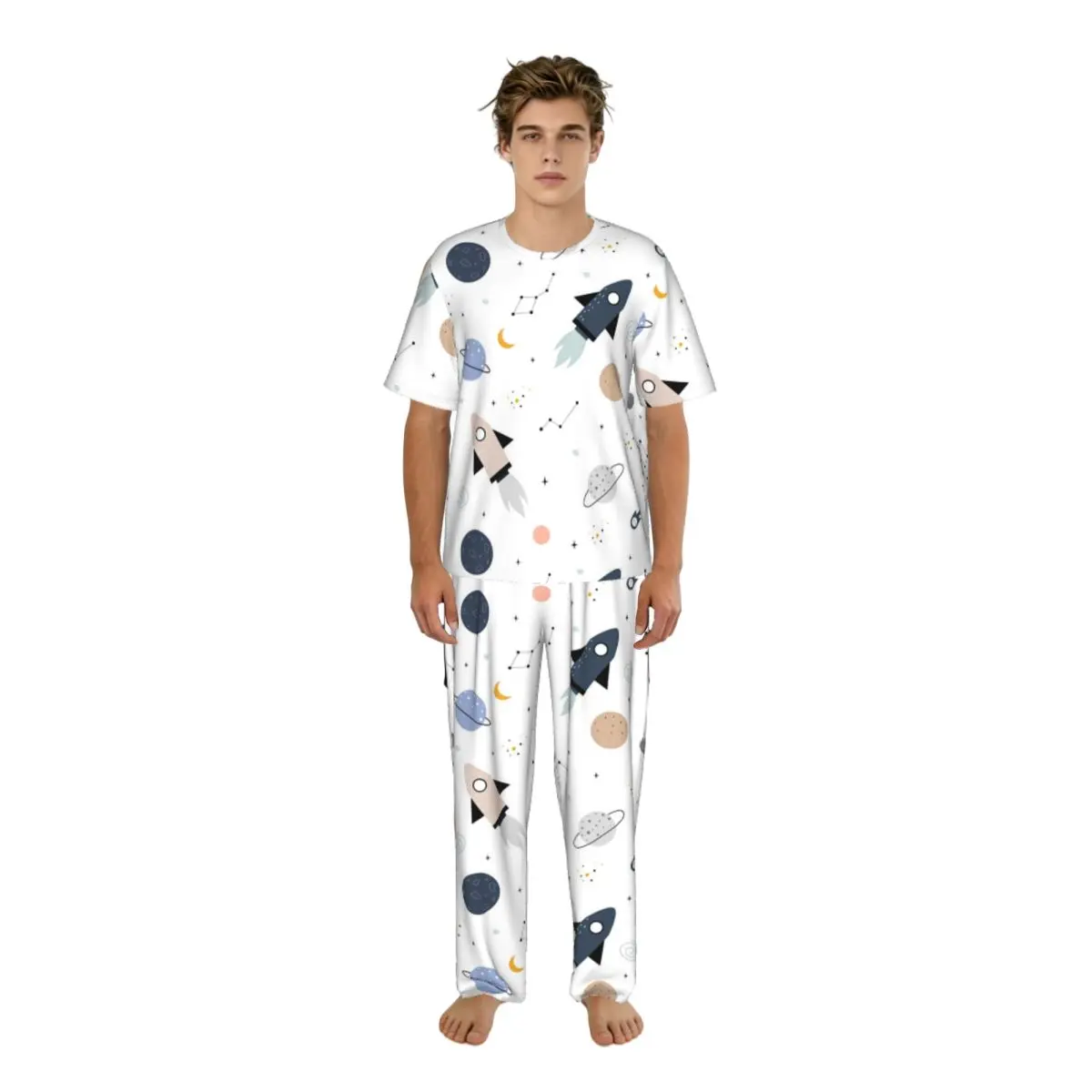 Sleepwear Summer Spring Home Clothes Space Stars Rockets Cartoon Pattern Short Sleeve Long Pant Nightwear