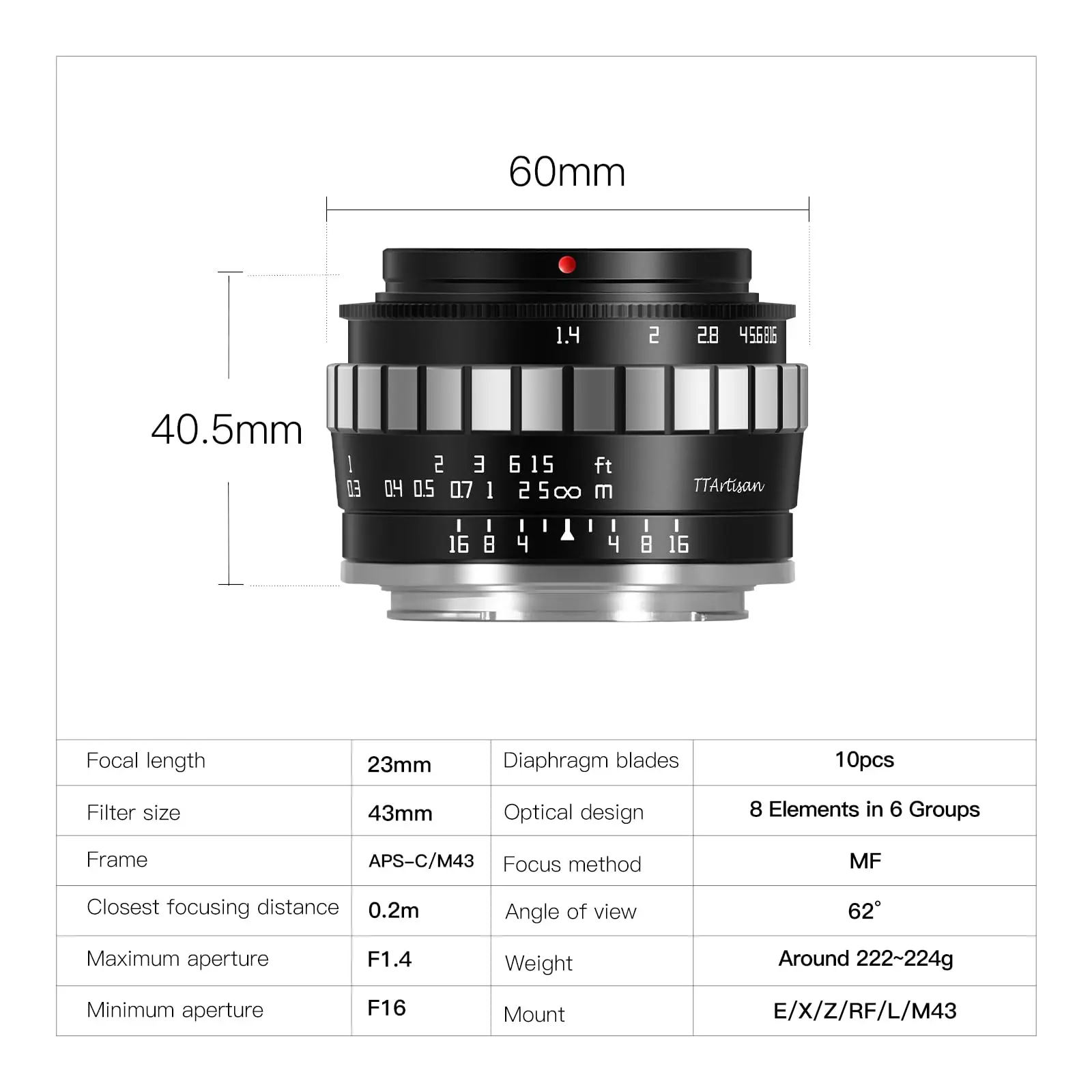 TTArtisan 23mm F1.4 APS-C Manual Focus Camera Lens for Sony E Leica L Sigma L Fuji X Canon RF Nikon Z M43 Mount