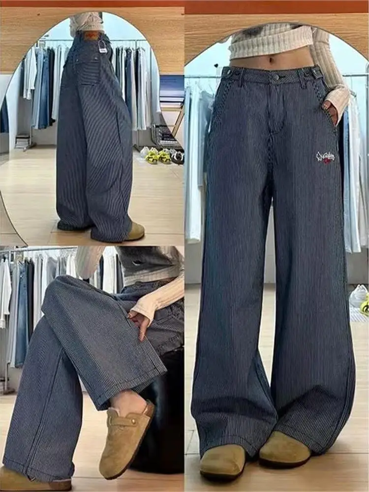Amerykańskie retro, luźne, szerokie nogawki, niebieskie jeansy w paski, unikalny design, do dojazdów do pracy, długość do podłogi, spodnie codzienne, wysoki stan, zamek błyskawiczny.