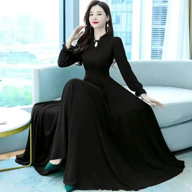 Solid Chiffon Long Sleeve Dress Women Evening Party Maxi Dresses 2024 New Spring Autumn Elegant Ladies Bohemian Beach Dress 4XL