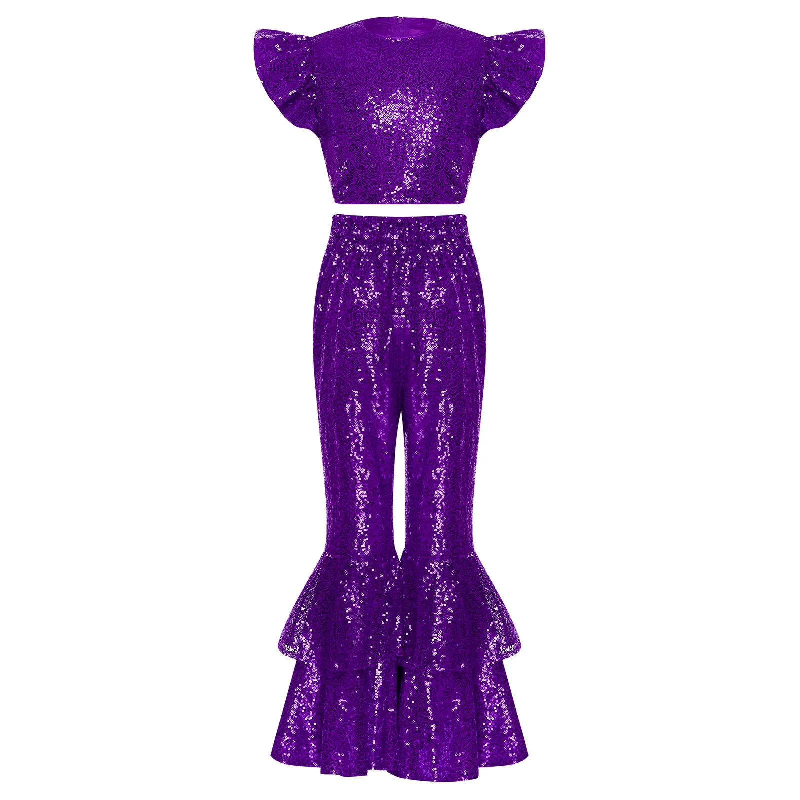 Kids Girls Glittery Sequin Pageants Outfit Fly Sleeve Crop Top And Bell Bottom Flared Pants Christmas Birthday Jazz Dancewear