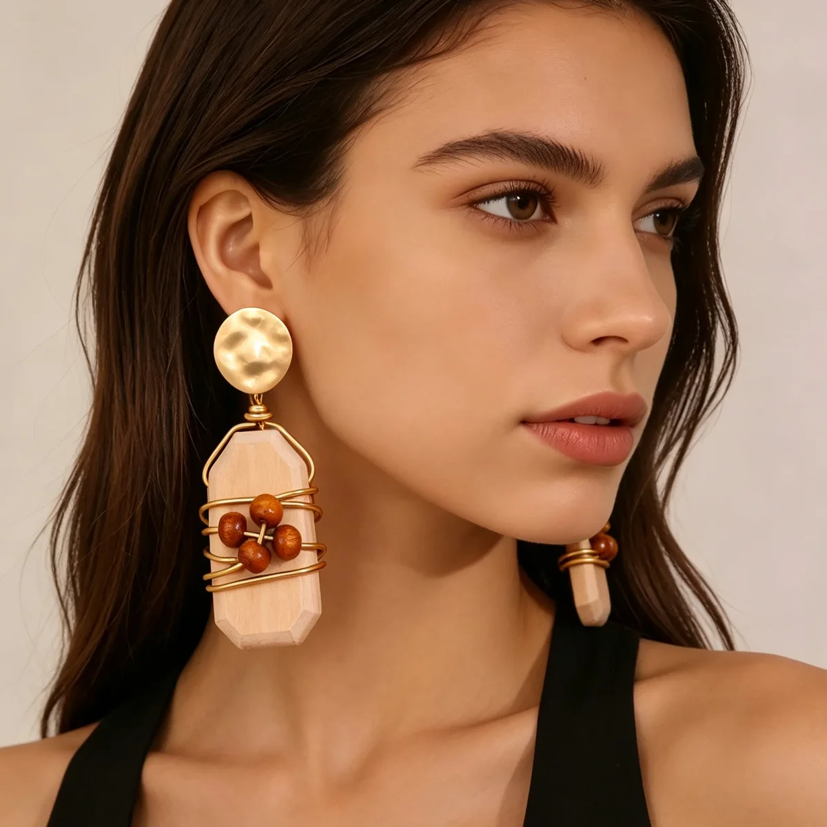 Vintage Maillard bead earrings Bohemian imitation wood hand-wound earrings