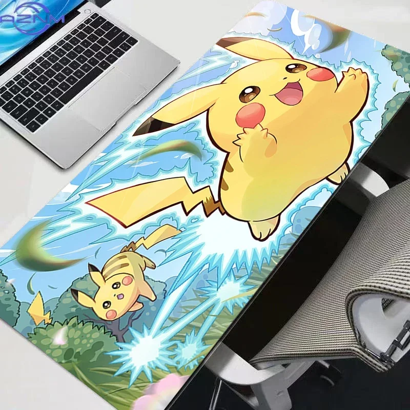 Pikachu Lightning Nature Scene Large Mousepad, Rubber Non Slip Extended Gaming Desk Mat, Anime Cartoon Table Pad for Laptop Offi
