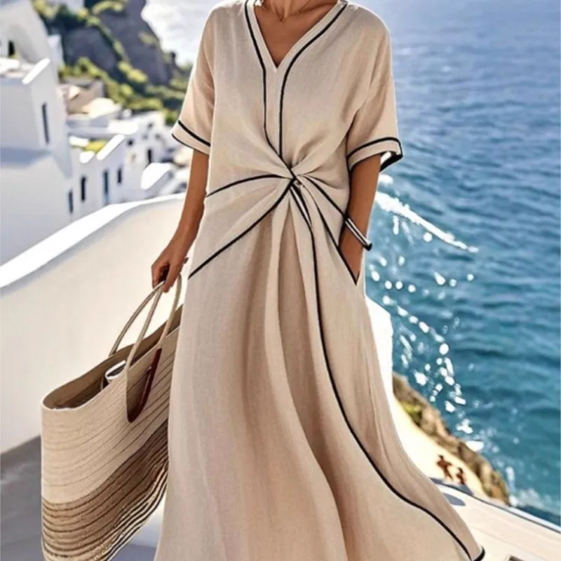 

Printed V-neck Fashionable Elegant Women's Spring Summer Printed Striped Short-sleeved Dress Elegant Party Dresses Ropa Mujer