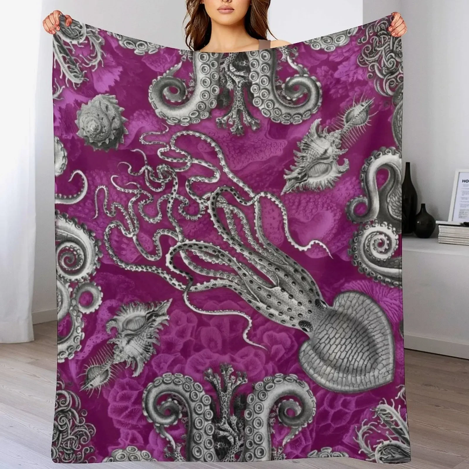 

Octopus Squid Kraken Art Tentacles Seashell Deep Sea Ocean Creatures Lover (Pink, Alt) Throw Blanket Large Blankets