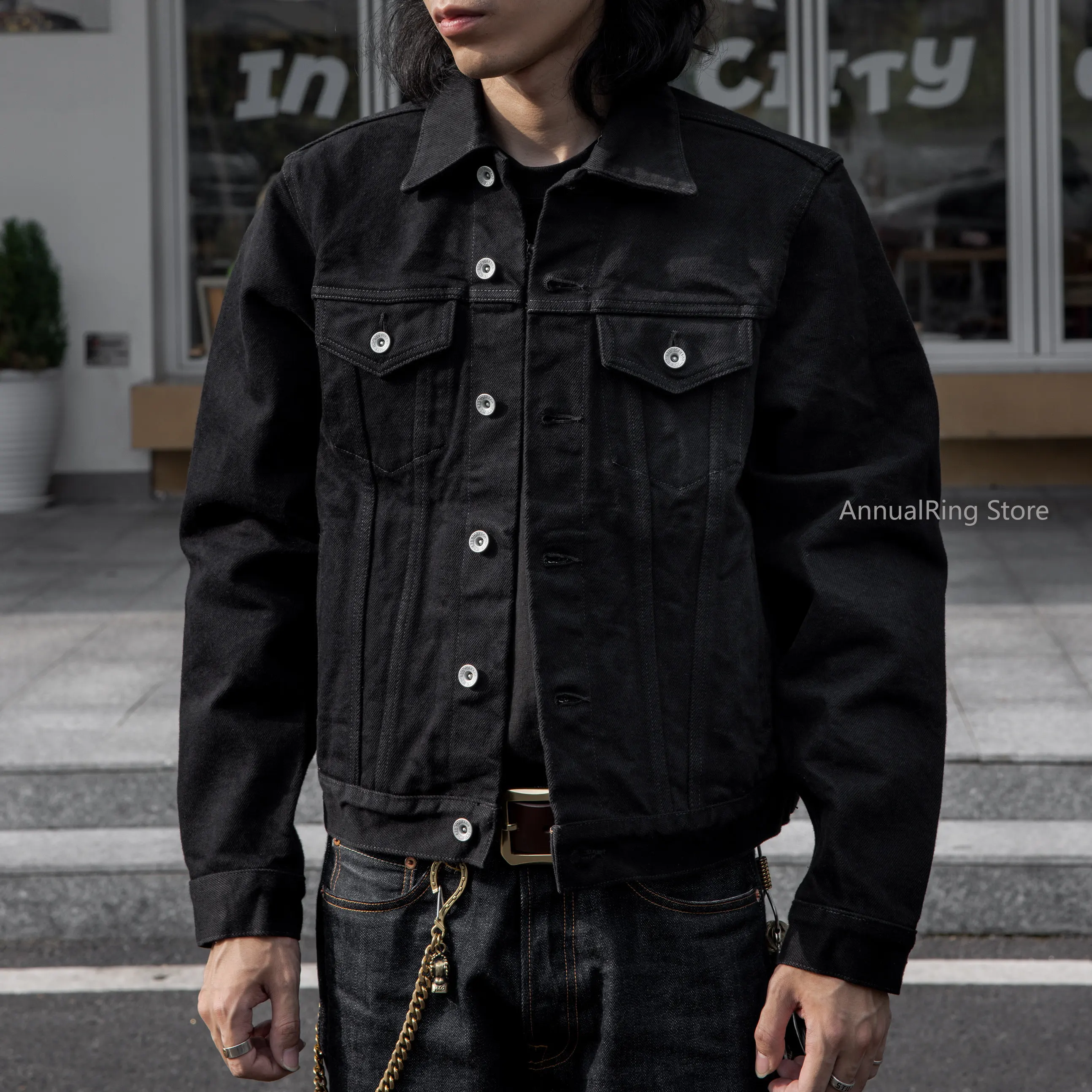 Red Tornado Black Denim Jacket Men's American Retro Raw Selvedge Denim Jacket 21OZ Original Cow Jacket