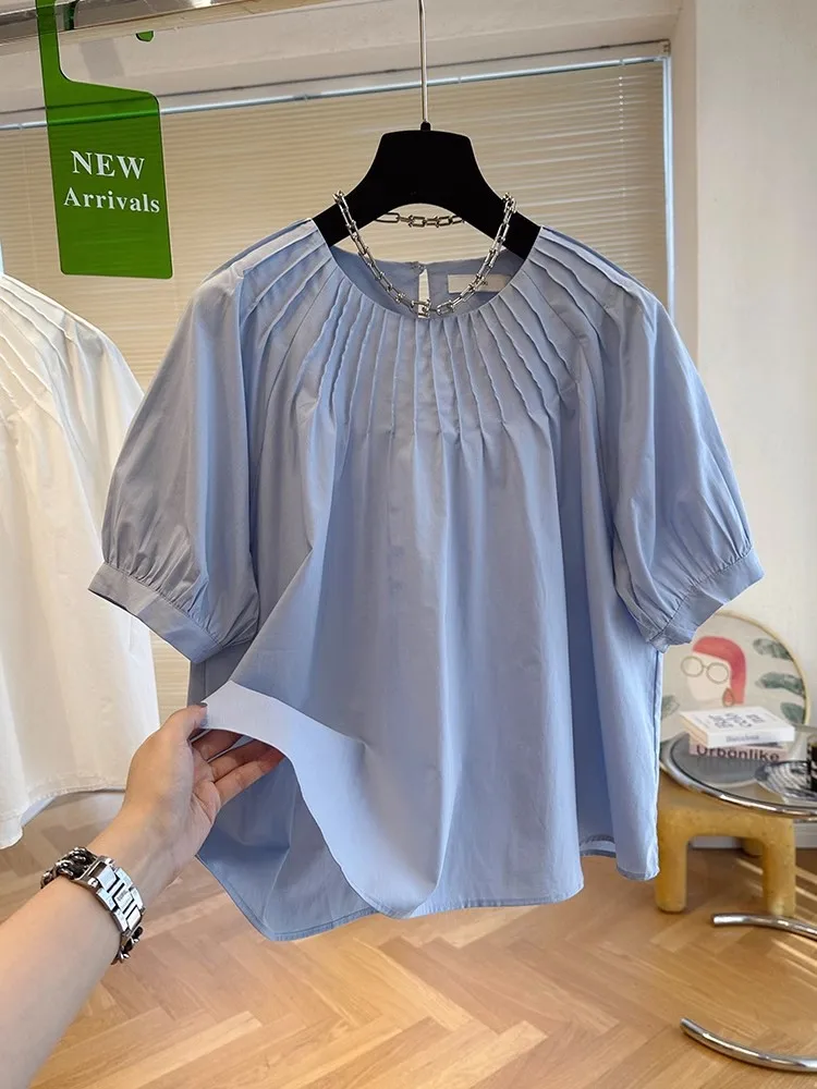 Women Blue Chic Puff Sleeve Blouse Sexy Off Shoulder O-neck Solid Color Puff Sleeve Loose Tops Shirt