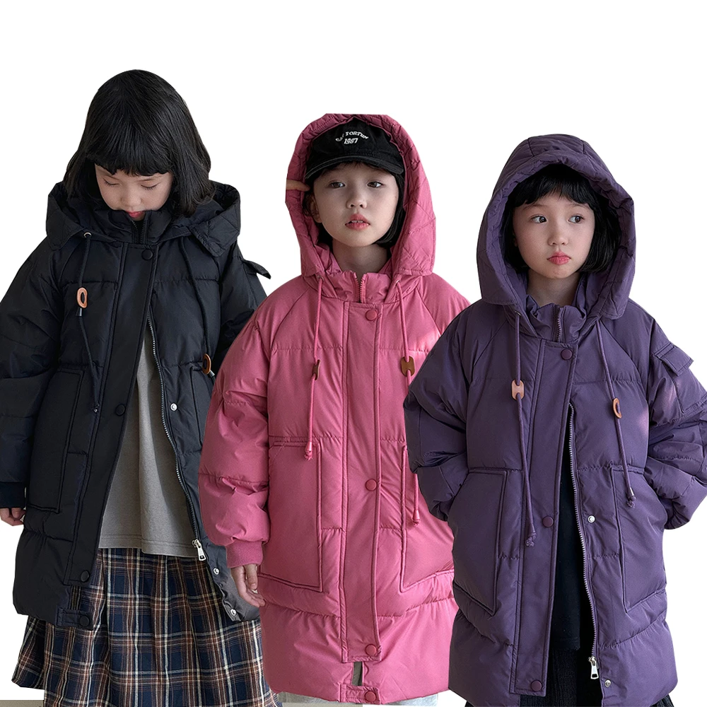 

Пуховик с капюшоном средней длины для детей, зимнее хлопковое пальто, утепленные комбинезоны для детей, однотонная одежда, теплая детская модная верхняя одежда