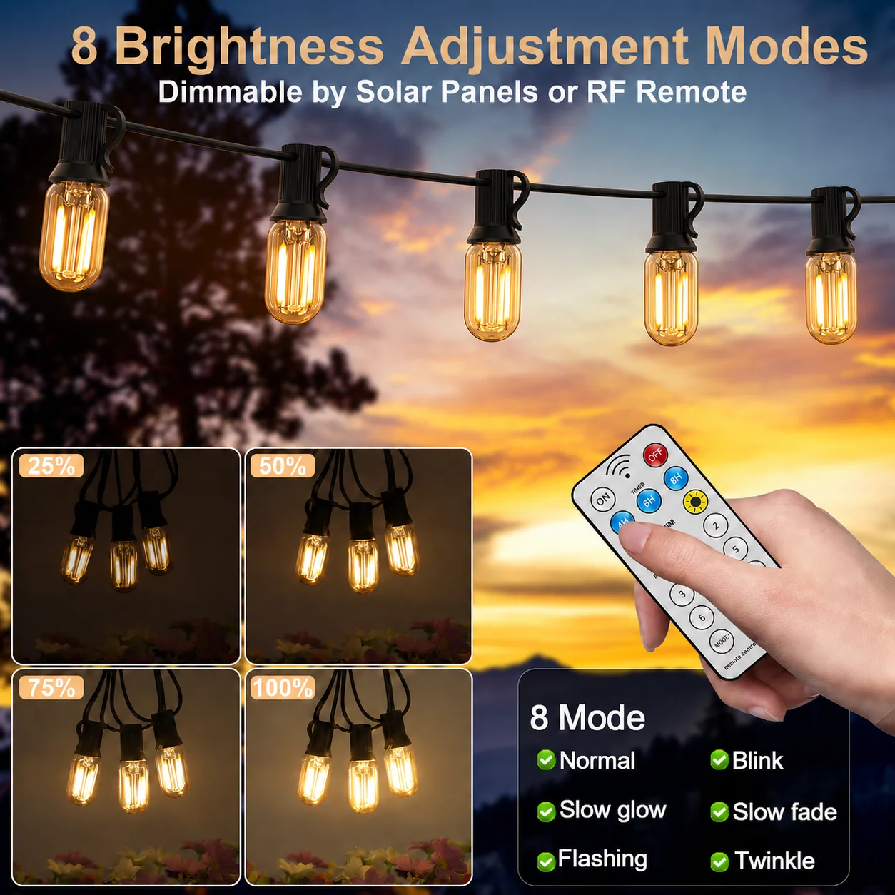 Amber T22 Solar String Lights 24V Glass Remote Control Solar USB Dual Charging IP44 Waterproof Outdoor Patio Garden Party Decor