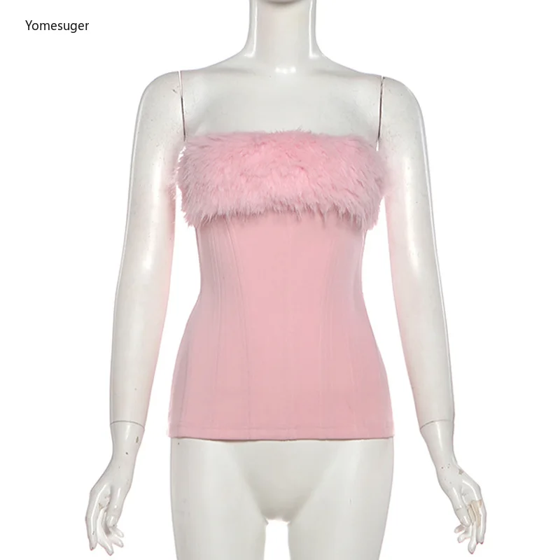 Yomesugar مجموعة حفلات عيد الميلاد مثير فروي المرقعة حمالة غير النظامية Cinched الخصر تانك القمم وأكمام طويلة عطلة وتتسابق #4