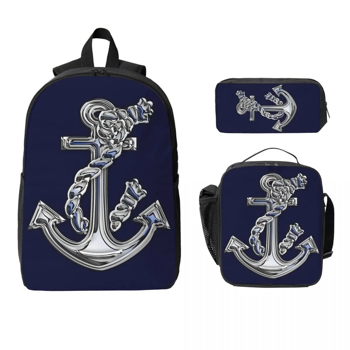 

Chrome Style Nautical Rope Anchor Applique Backpack Student Boys Girls BookBag School Bag 3ps Insulated Lunch Bag Pencil Case