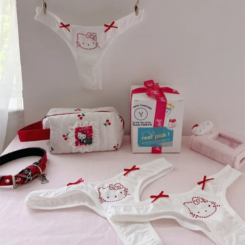 Sanrio hello kitty sexy mulher diamante incrustado tanga dos desenhos animados sexy meninas cintura baixa puro algodão cuecas esportivas doces meninas presentes