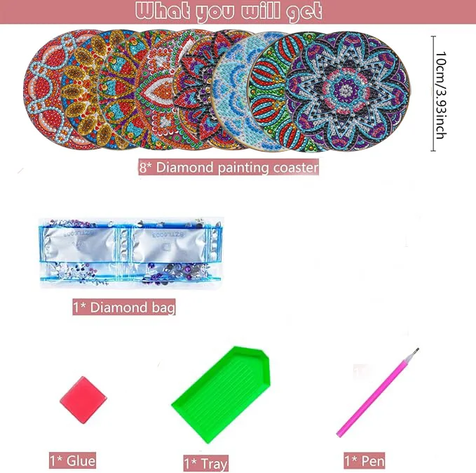 8 Pieces DIY Diamond Painting Art Set Mandala Flower Pattern Coaster Special Shape Crystal Artificial Diamond Mosaic Process