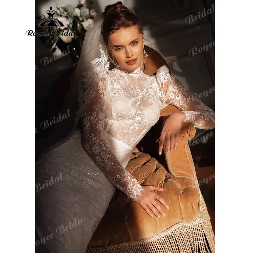 High Neck Long Floral Lace Mermaid Wedding Dress Detachable Oversized Satin Train Skirt Corset Lace Up Back Bridal Gown Customiz