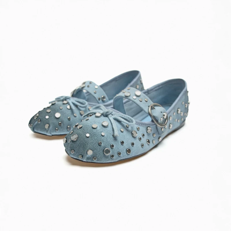 

Comfortable Ballet Flats Shoes Woman One-line Button Mary Jane Shoes Women Blue Denim Riveted Flat Heels Single Shoe Zapatillas