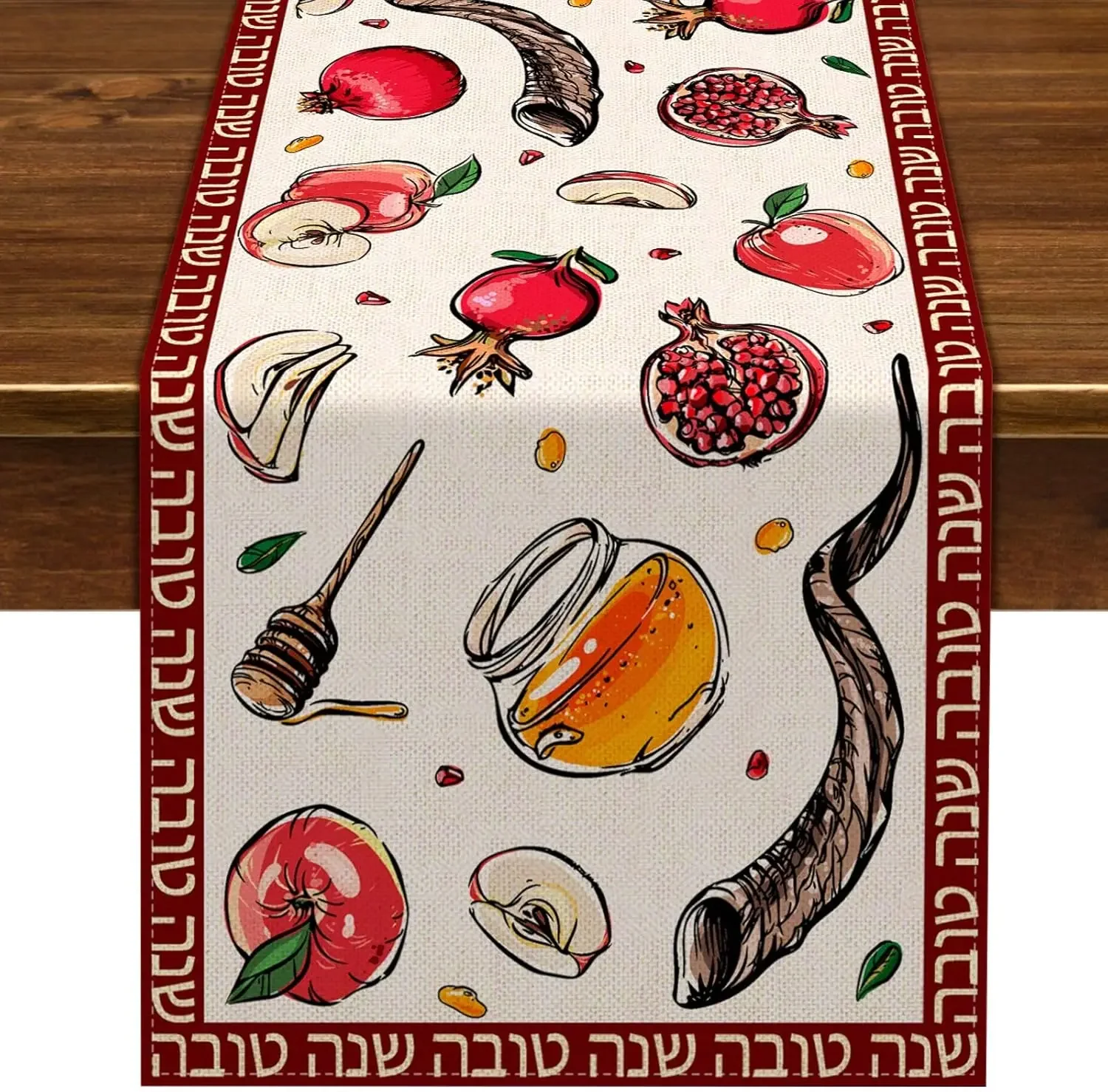2026 Rosh Hashanah Table Runners Pomegranate Honey Shofar Horn Dresser Scarf Table Decor Festivals Wedding Home Party Decor