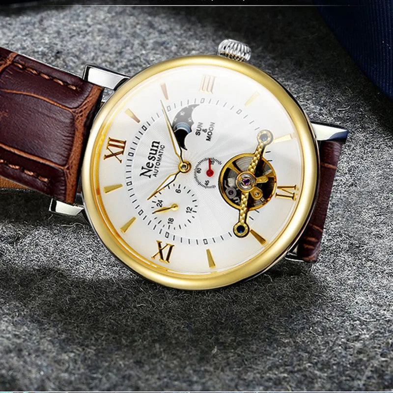 

Switzerland NESUN Skeleton Luxury Brand Flywheel Automatic Mechanical Men's Watches Sapphire Waterproof Moon Phase Clock N9031