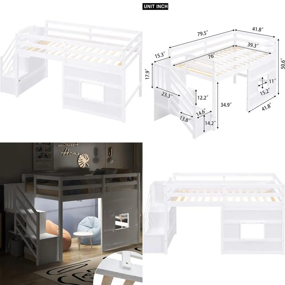 

Twin Low Loft Bed for Kids with Storage Steps, Shelves, LED Lights, Wooden Playhouse with Window, Guardrails, and Play Area Belo