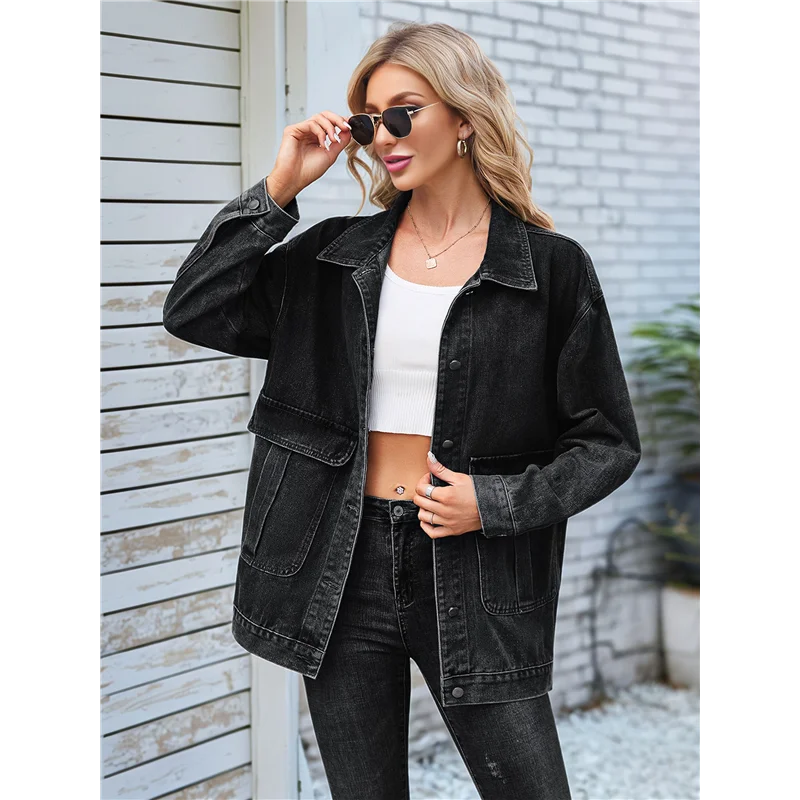 ABGR-Giacca di jeans da donna abbottonata Giacca di jeans blu vintage invecchiata nera grigia L