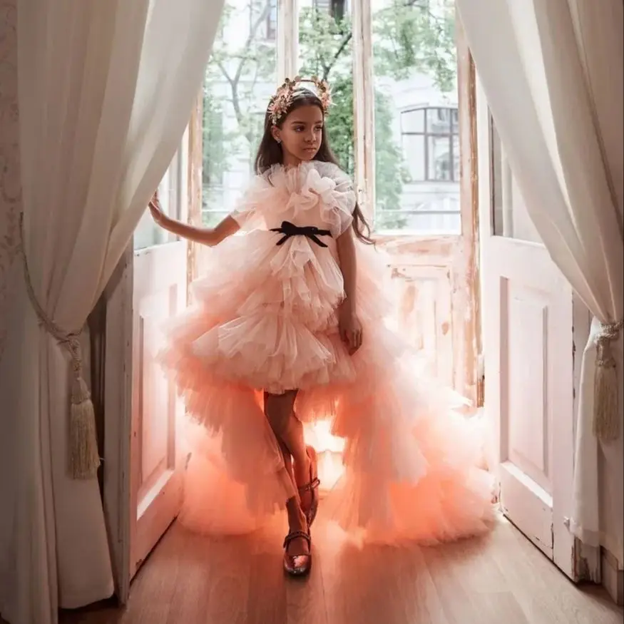 

Tiered African Flower Girl Dresses A-line Tulle High Low Baby Little Girl Peageant Dress Gowns For Black Girls Customized