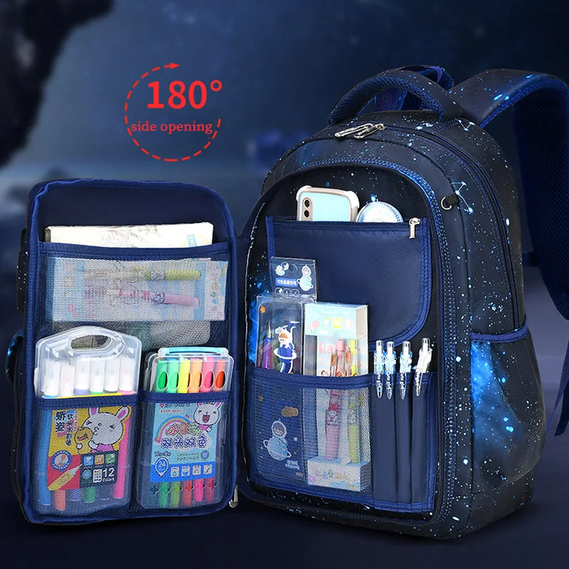 Boys Backpack Primary Students Schoolbag Star Print Kids Rucksack Large Capacity Side Open Book Bag Waterproof Nylon Satchels
