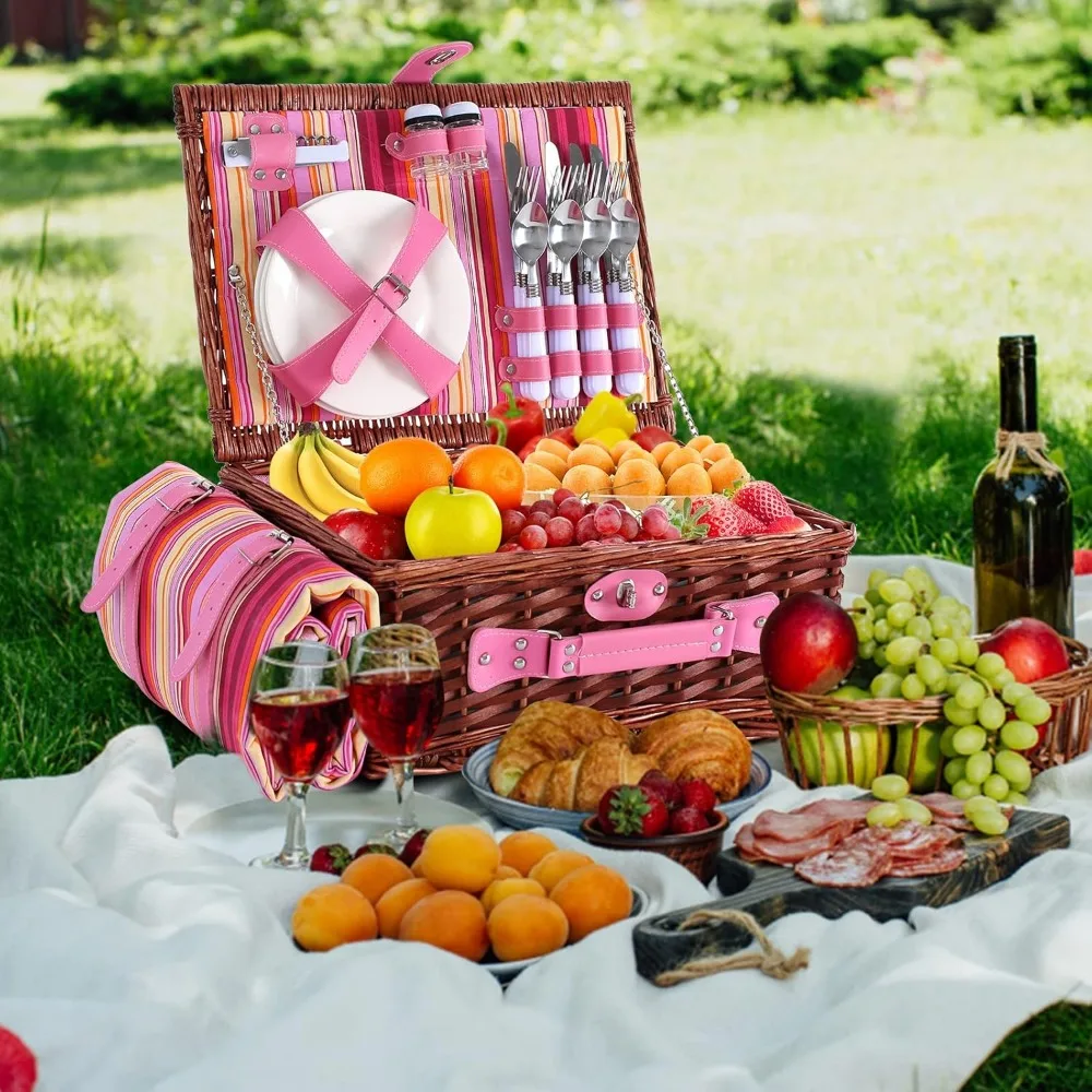 Wicker Picnic Basket for 4 with Waterproof Picnic Blanket and Insulated Cooler