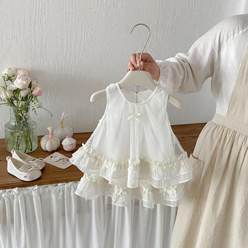 

Dianxi Summer New Sweet Style Mesh Outfit for Infants and Toddlers, Baby Bowknot Vest and Stylish Short Skirt Two-Piece Set