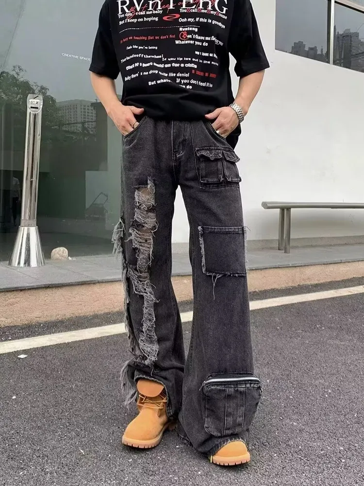 2026 Ropa Grunge Y2K Streetwear Washed Black Ripped Baggy Flare Jeans Pants Men Clothes Multi Pockets Harajuku Cotton Trousers