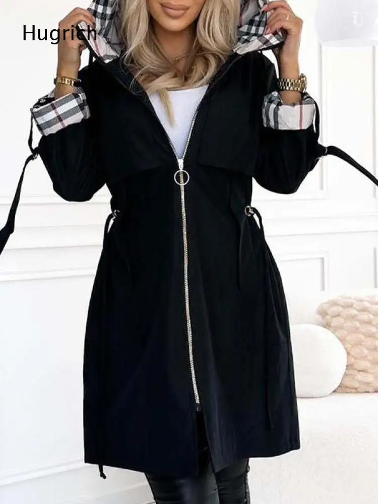 Adjustable Side Drawstring Waist Hooded Windbreaker Plaid Lining Full Front Zip Long Sleeve Mid Length Daily Outdoor Coat