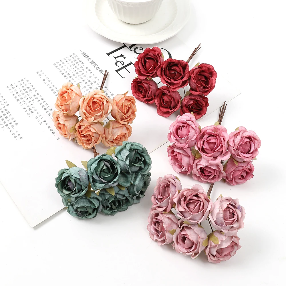 6pcs Artificial Roses Silk Fake Flowers Home Decoration Wedding Decor 2023 New Year DIY Bridal Hand Bouquet Garland Handicrafts