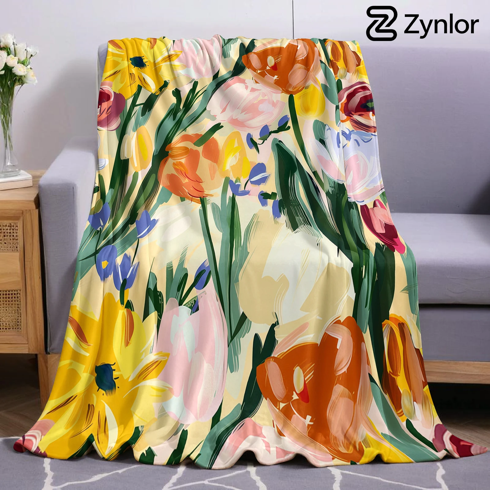 Painterly Tulip Cartoon Anime Print Flannel Blanket Soft Warm Throw for Kids Bedroom Sofa Bed Christmas Office Car