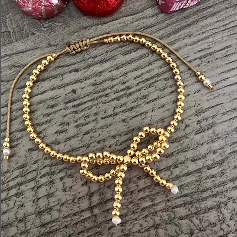 PRISCA | Beaded Bow Bracelet Gold Stainless Stee Women Romantic  Cute Jewelry Teenage Gift Korean Fashion