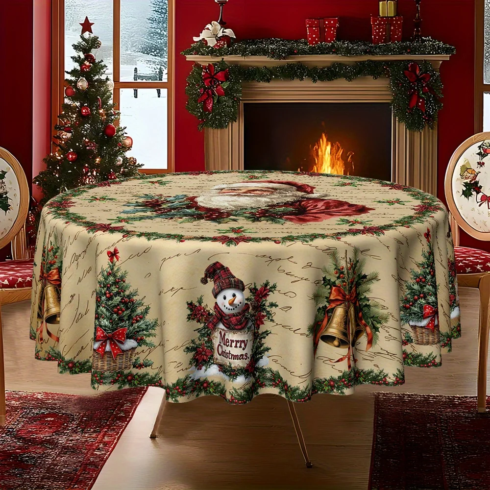 2D flat print 1 piece retro Santa and snowman round tablecloth for Christmas