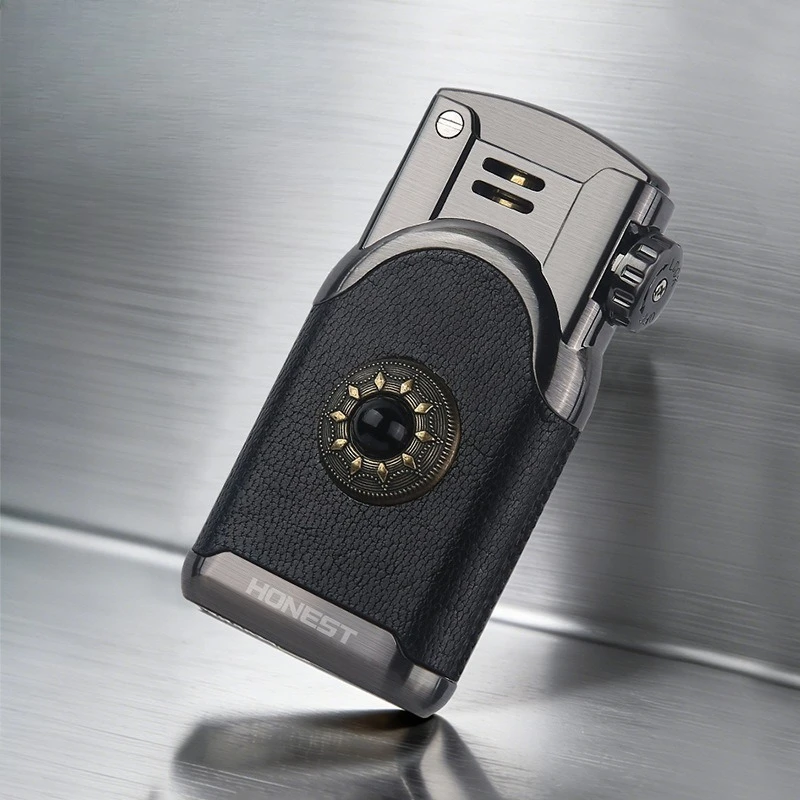 NEW Creative Retro One Click Windproof Metal Leather Lighter with Safety Lock High-end Men's Lighter with Keychain Gift Set