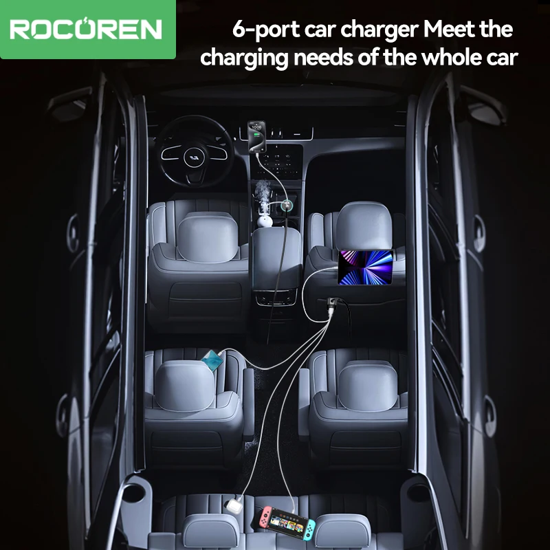 Rocoren 105W Multi 6 portów ładowarka samochodowa na tylnym siedzeniu szybko ładująca się Adapter USB typu C na tylnym siedzeniu szybka ładowarka do