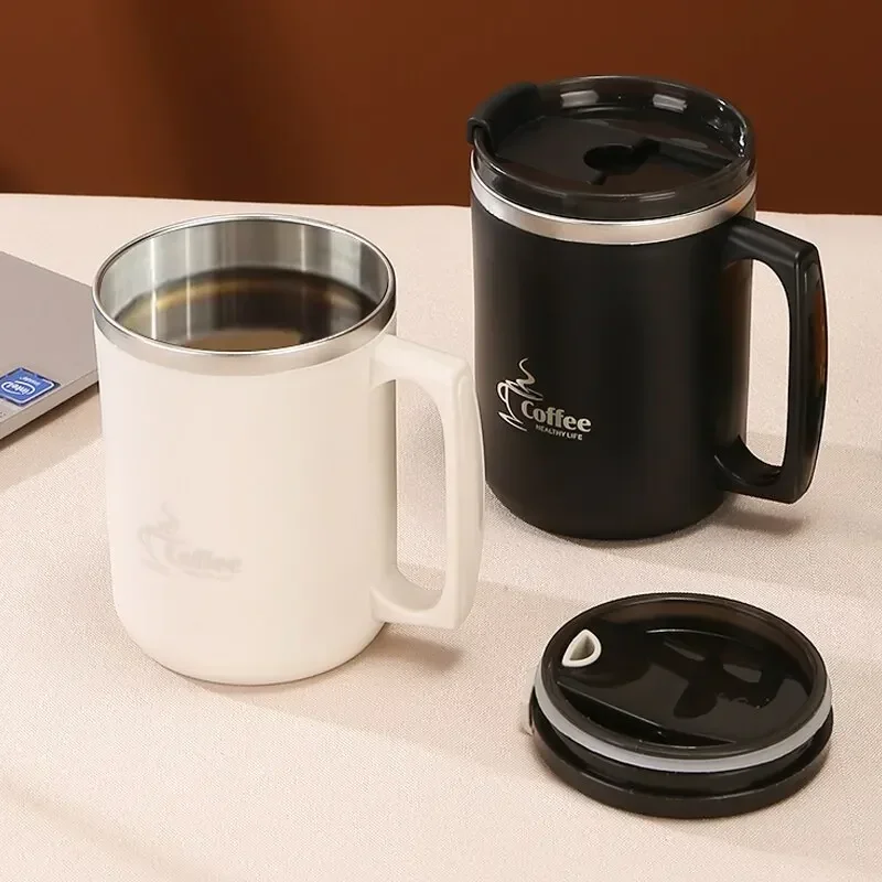 Stainless Steel Milk Coffee Cup with Handle, Double-layer Vacuum Travel Cup Suitable for Home Office Travel and Camping