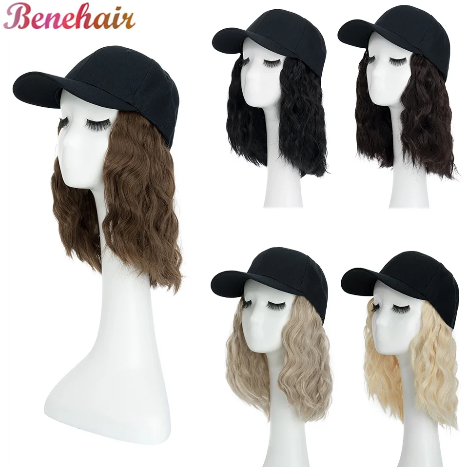 

Benehair Hat Wig for Women 8 Inches Wave Baseball Cap Wig with Curly Hair Extensions Wig Synthetic Wave Wig Hat Adjustable Brown